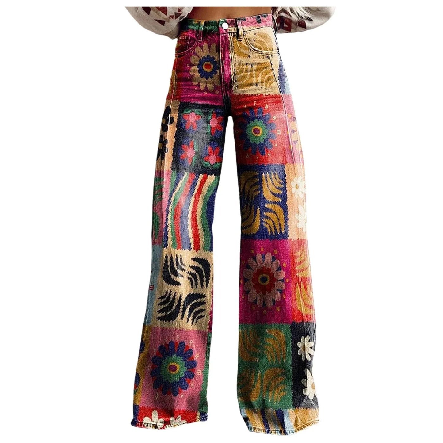 High Waisted Loose Fit Vintage Wide Leg Casual Pants for Women Fashionable 90s Floral Printed Baggy Trousers Comfortable Imitation Jeans