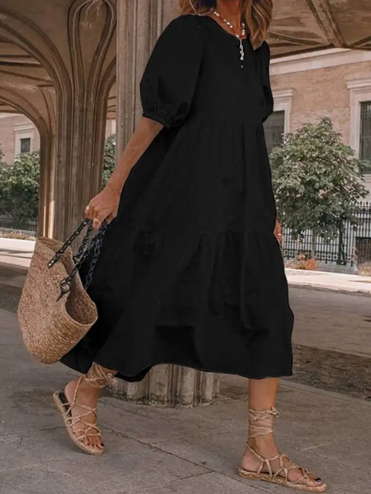 Summer Dress Vintage Lantern Sleeve Mid-Calf Dress Beach Bohemian Women Summer Sundress 2024 VONDA