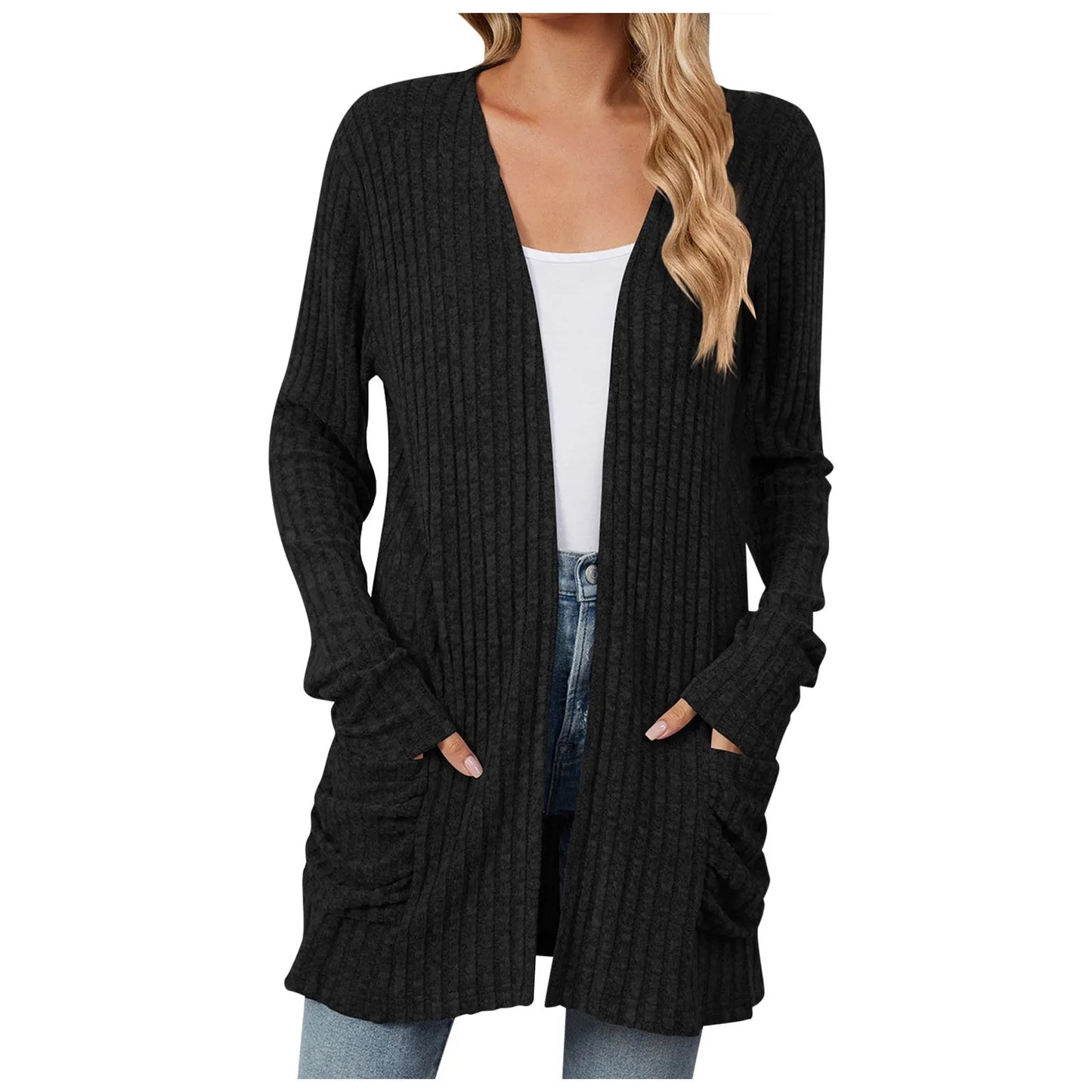Lightweight 3/4 Sleeve Black Sweater Cardigan For Women Crochet Oversize Casual Cardigan Kimonos Boho Solid Chaquetas De Mujer