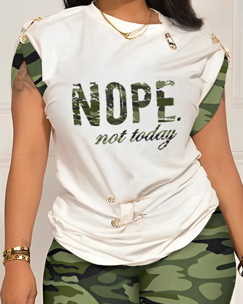 Casual Short Sleeve Tshirt Shorts Set Office Lady Spring Summer Fashion O-neck Letter Print Two Piece Set Women Outfit 2023