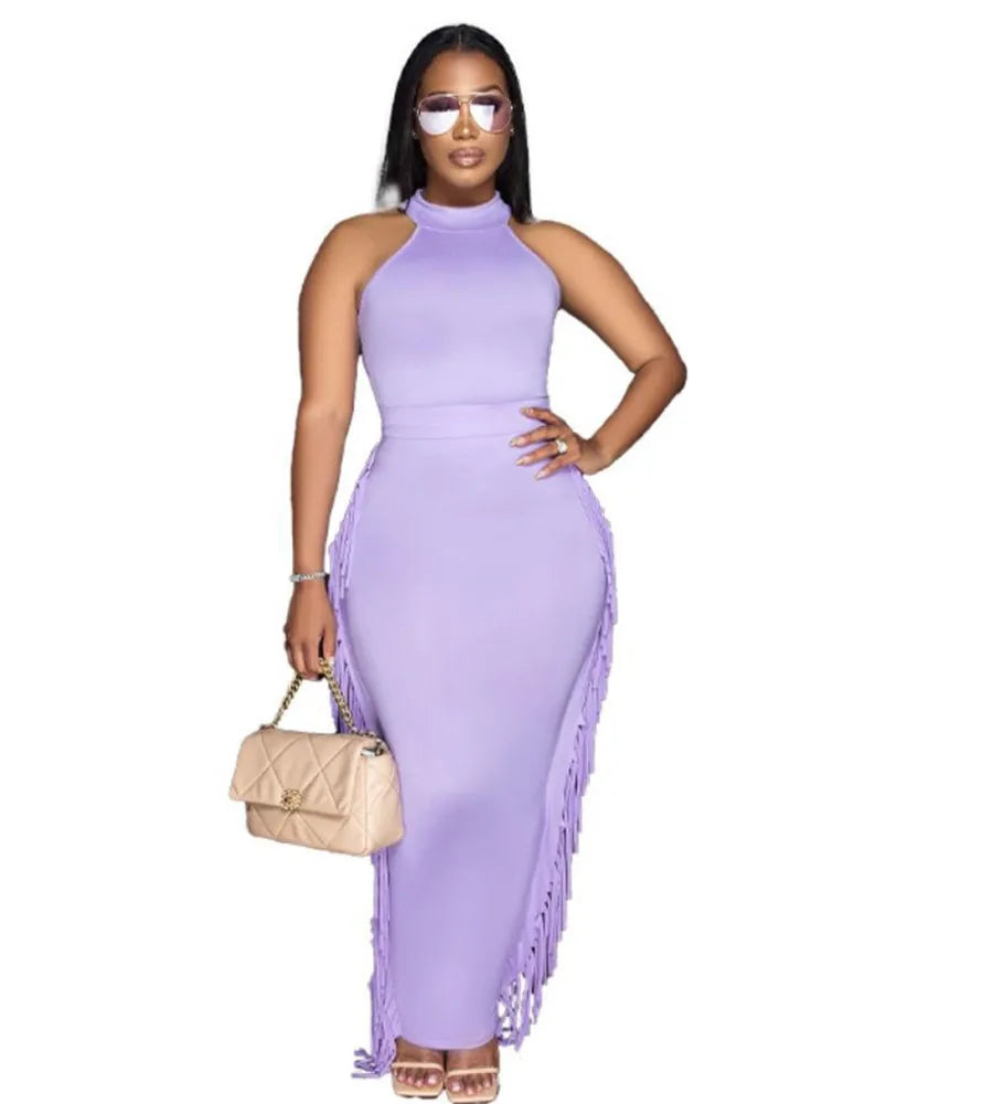 Wmstar Party Dress Sets Women Sexy Sleeveless Tassel Bodycon Stretch Maxi Skirts New In Matching Suit Wholesale Dropshipping