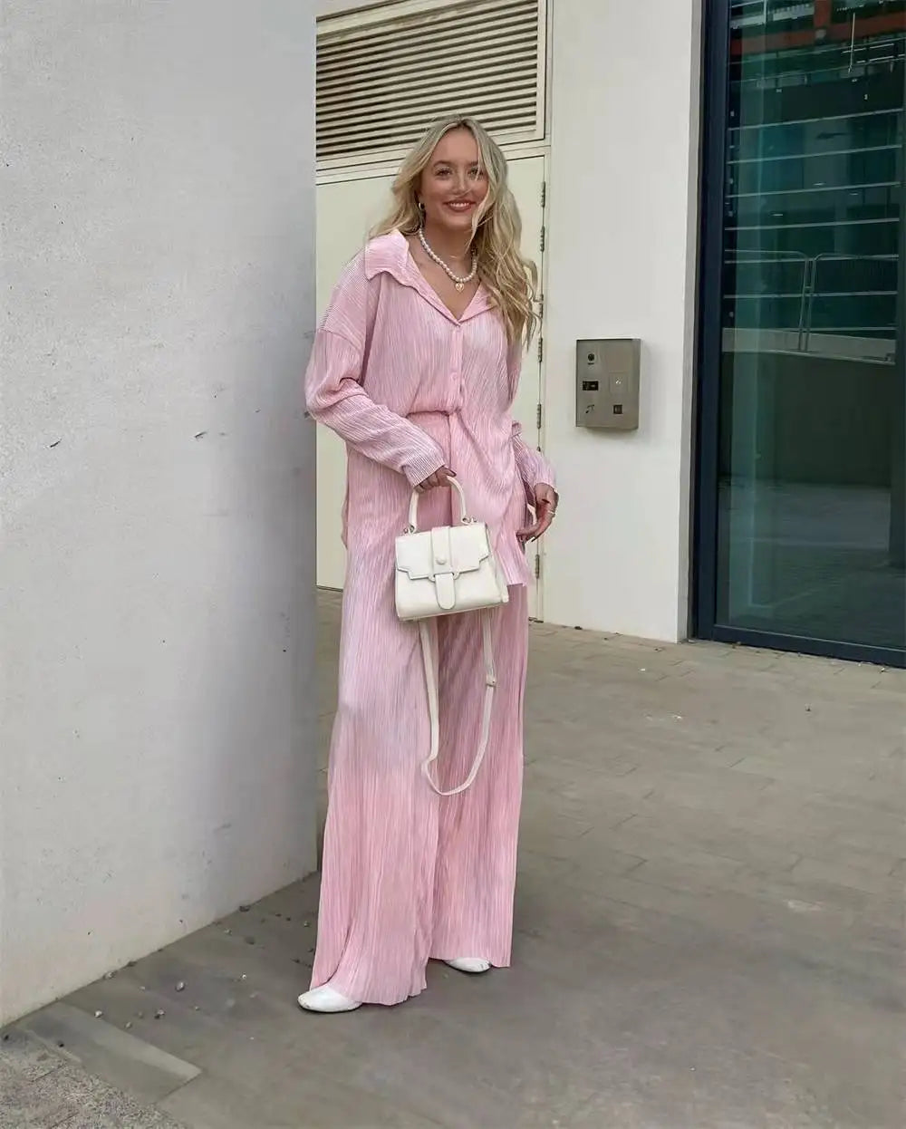 New Spring And Autumn Suit Women's Pleated Lapel Shirt Loose Casual Suit Solid Color Drape Pleated Casual Suit