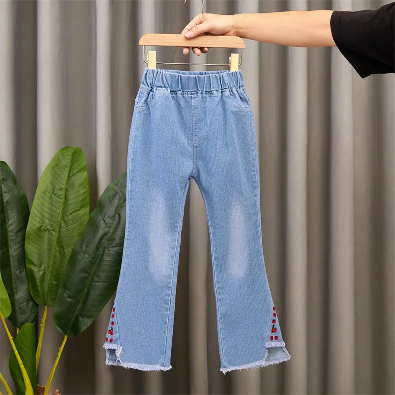 Autumn Girls Jeans Fashionable Bow-Design Denim Flared Pants Elastic Waist Solid Color Trousers for Teenage Kids