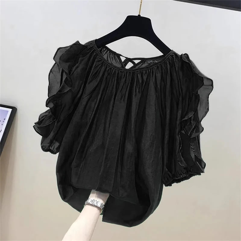 ZANZEA Women's Cold Shoulder Ruffled Blouse Half Sleeve Casual Loose Top with Back Straps Pleated Summer Tunic Fashion O-Neck