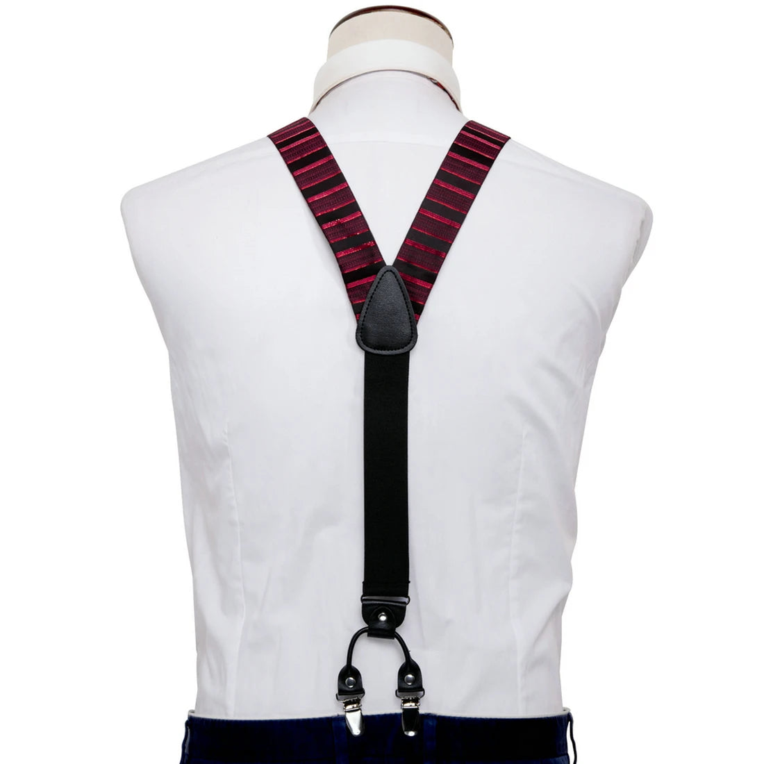 Luxury Red Black Striped Suspenders for Man Party Pre-tied Bowtie Pocket Square Cufflinks Set Silk Leather Metal 6 Clips Braces