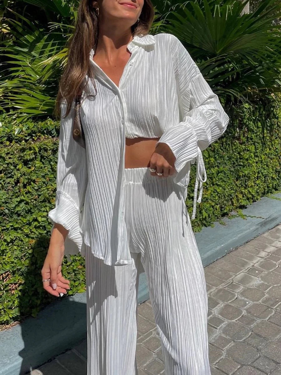 Women's Two-piece Pleated Pants Sets Chic Solid Color Long Sleeve Button Down Shirts with Straight Leg Trousers Casual Style