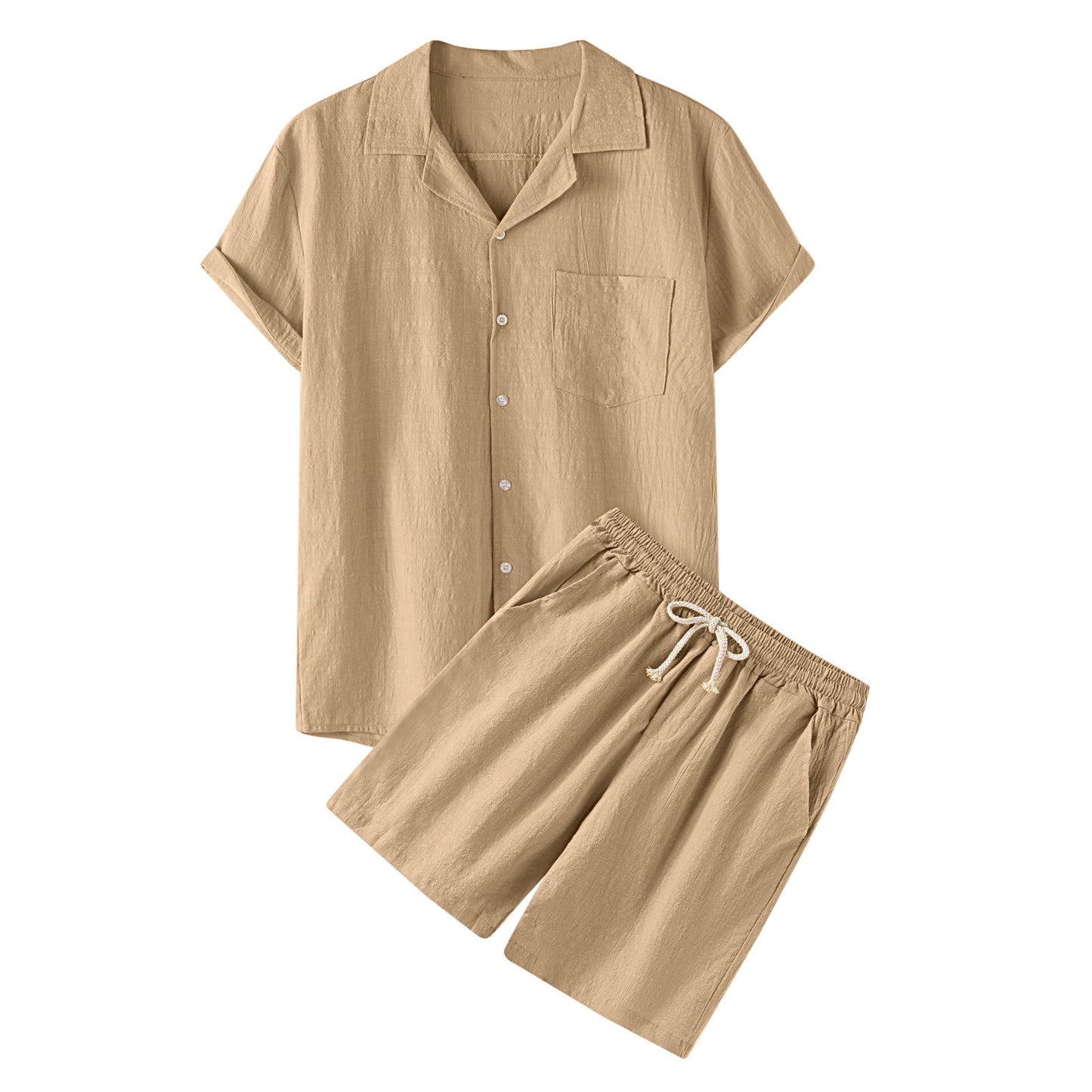 Men's Cotton Turn-down Collar Top Shorts Pant Suite Solid Color Casual Daily Fashion Loungewear Comfortable Men's Clothing
