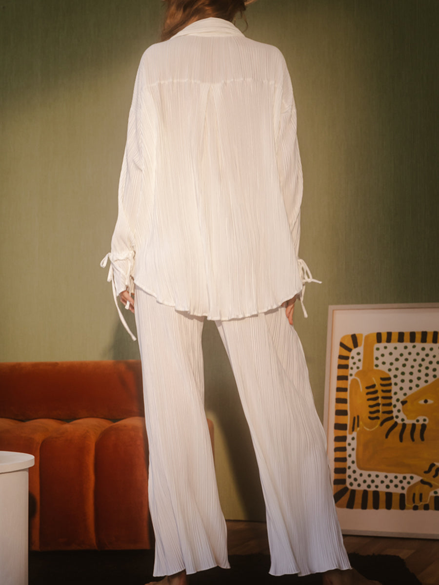 Women's Two-piece Pleated Pants Sets Chic Solid Color Long Sleeve Button Down Shirts with Straight Leg Trousers Casual Style