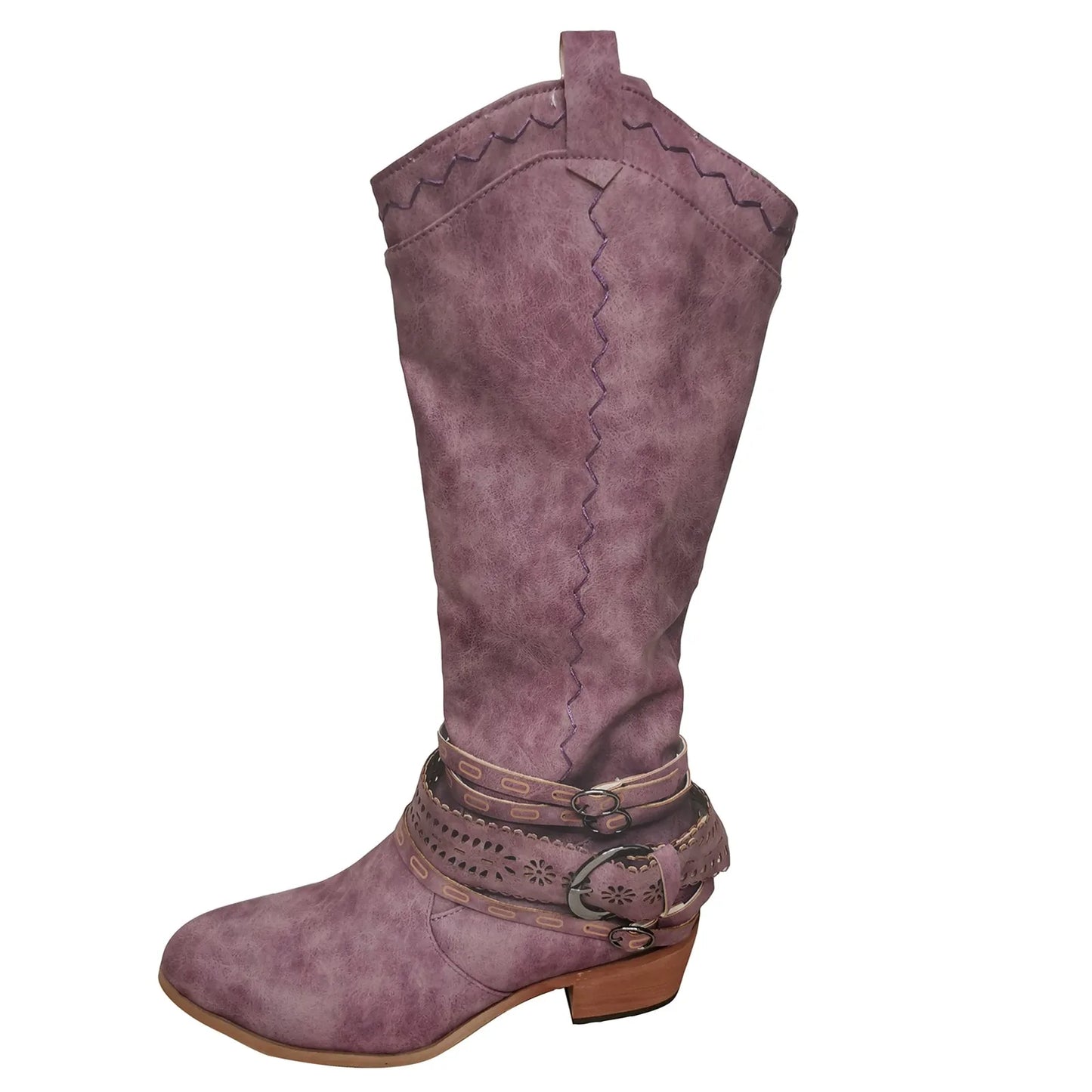 New Western Cowboy Boots Buckle Ladies Low Heel Knee High Boots Retro Hollow Out Shoes Winter Female Shoes