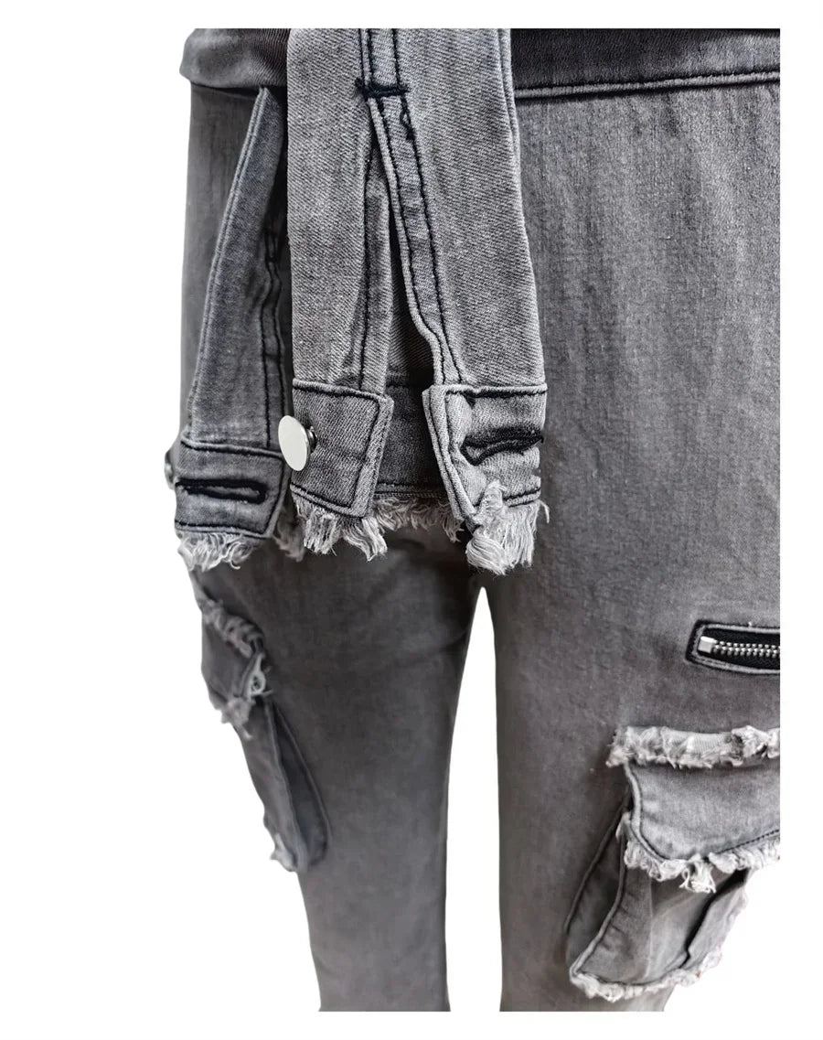 Autumn New Half Zipper Lace-up Denim Jumpsuit Women's Fashion Long Sleeve Elastic Slim Raw Trim Pocket Cargo Pants