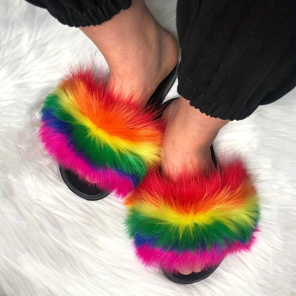 Women's Summer Rainbow Faux Fur Slippers Thick Non-slip Soles Breathable Home Fur Slides Outdoor Flip Flops Fuzzy Sandals