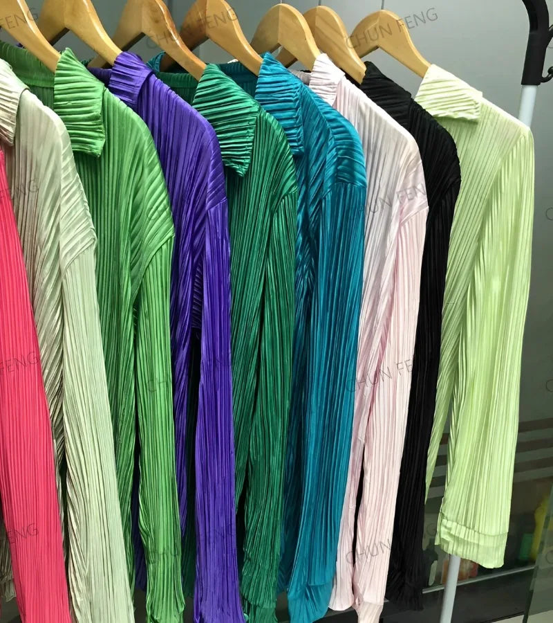 New Spring And Autumn Suit Women's Pleated Lapel Shirt Loose Casual Suit Solid Color Drape Pleated Casual Suit