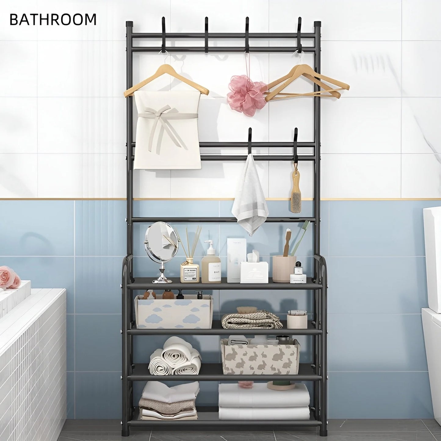 Shoe Rack Coat Rack Strand Simple Metal Storage Rack with Hooks Multipurpose Coat Hanger and Shoe Shelf for Entryway Home