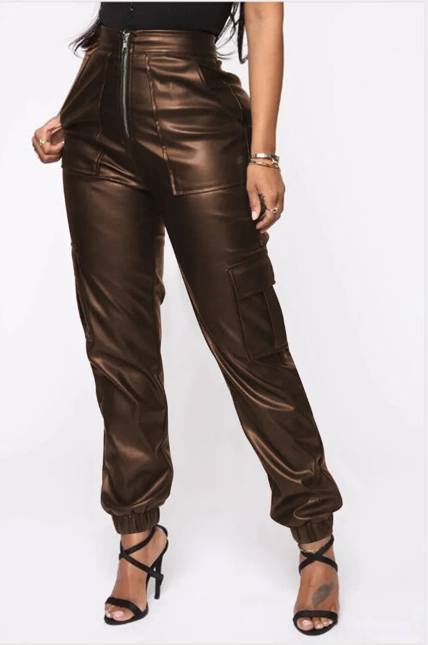 Autumn Winter Fashion Women's Trousers Faux Leather High Waisted Joggers with Zipper Multi Pocket Straight-Leg Cargo Pants