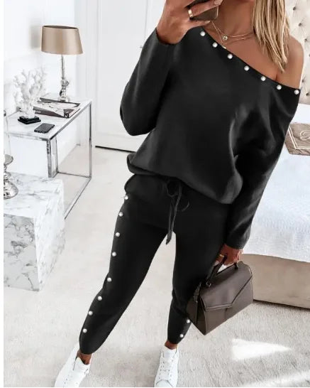 Sets for Women 2 Pieces 2024 New Spring Autumn Fashion Skew Neck Long Sleeve Eyelet Top & Casual Long Pants Set Slim Fit Suit