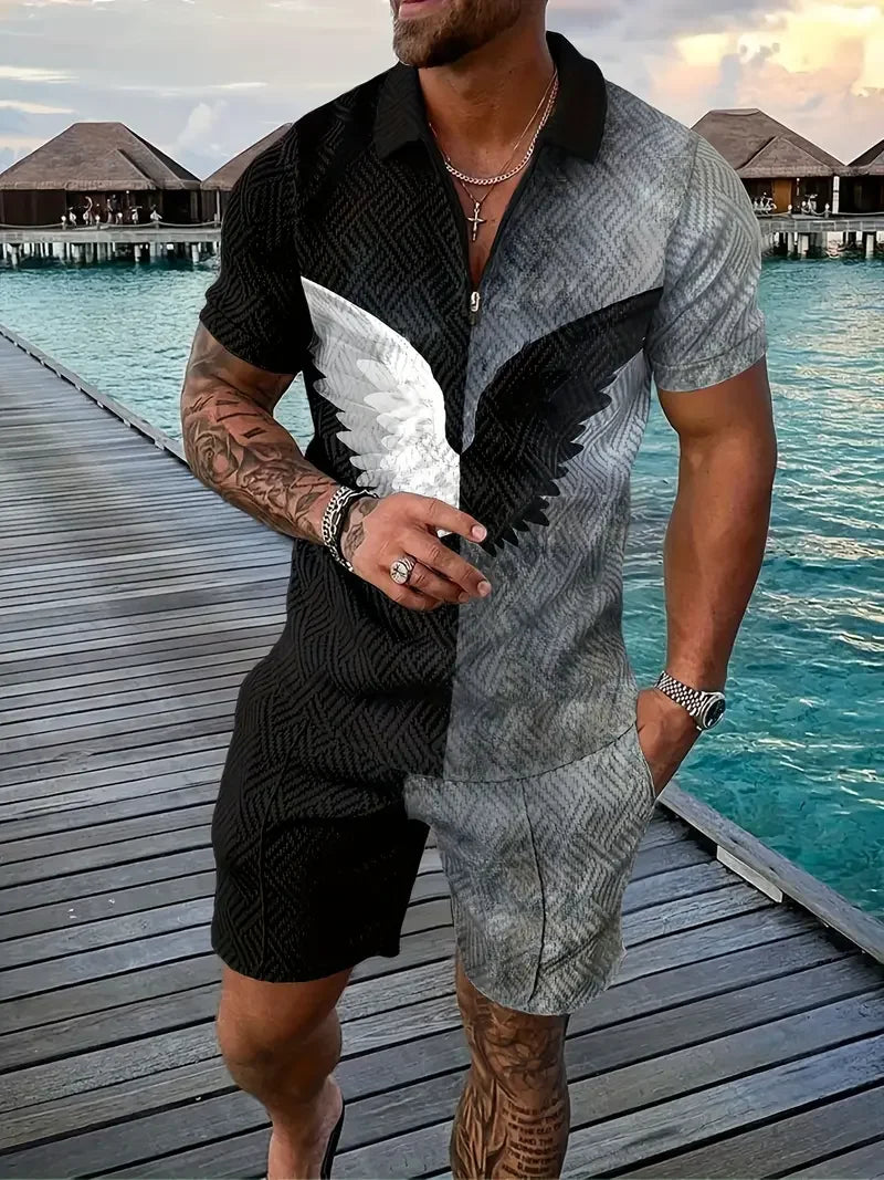 Zipper Shirt Shorts Set Summer Fashion Casual Men's Sports Set 3D Printed Simple Style Lapel Zipper Shirt 2 Sets