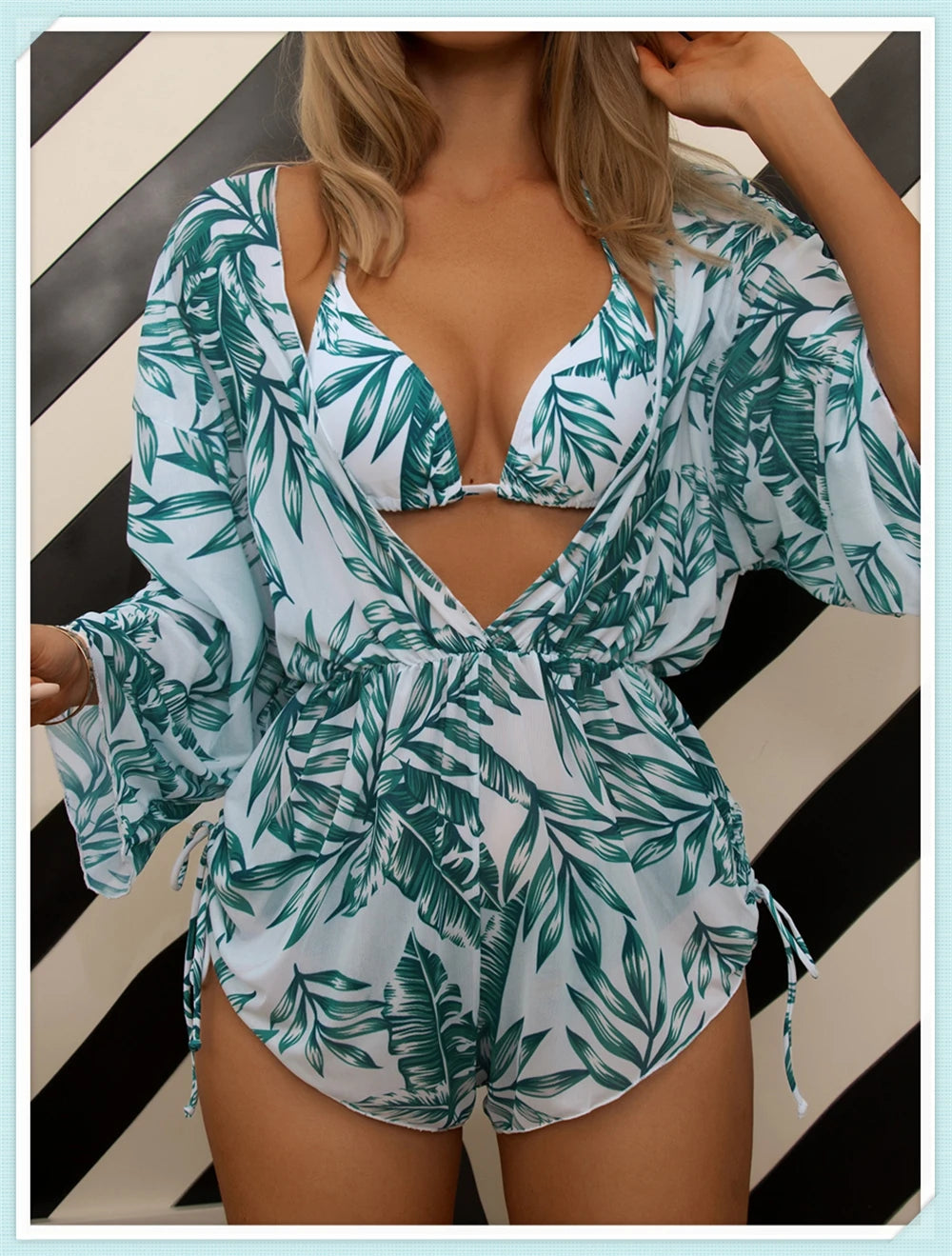 3 pieces Halter Bikini Tropical Print Swimsuit Drawstring Side Swimwear Women Long Sleeve Bathing Suit Female Swimming Beachwear