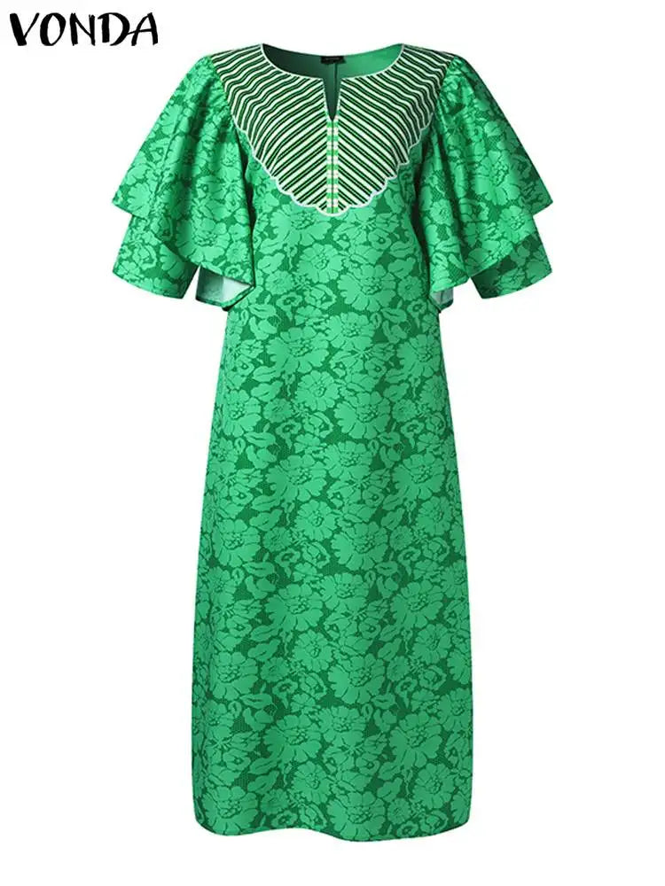 Women Maxi Dress 2023 VONDA Elegant Fare Sleeve Summer Dress Bohemian Solid Color Turtleneck Sundress Fashion Vestido Oversized