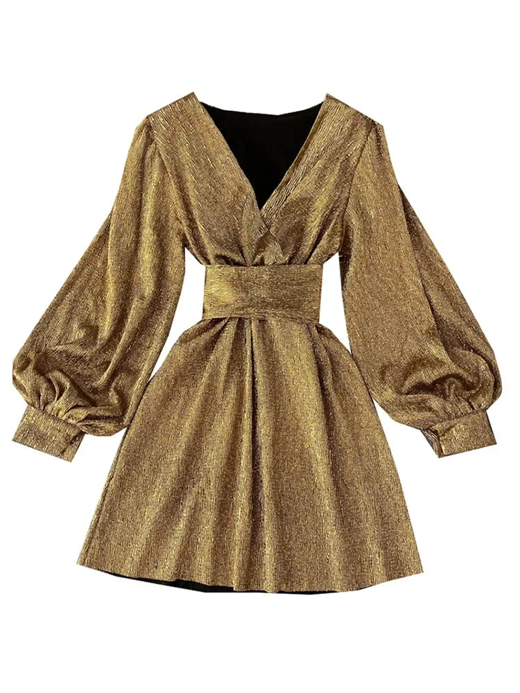 Spring Autumn Women's Bright Color Dress V-neck Lantern Sleeve Gold Bright Silk Lace Retro Dress Female Sexy Party Dress GD205
