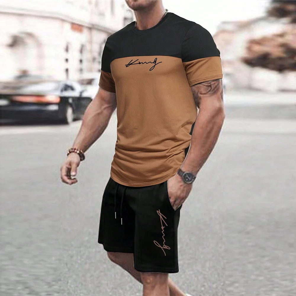 Men's Quick Drying Summer Casual Sports Suit Short Sleeve O-Neck Polyester Loose Fit Trendy Streetwear Ensemble