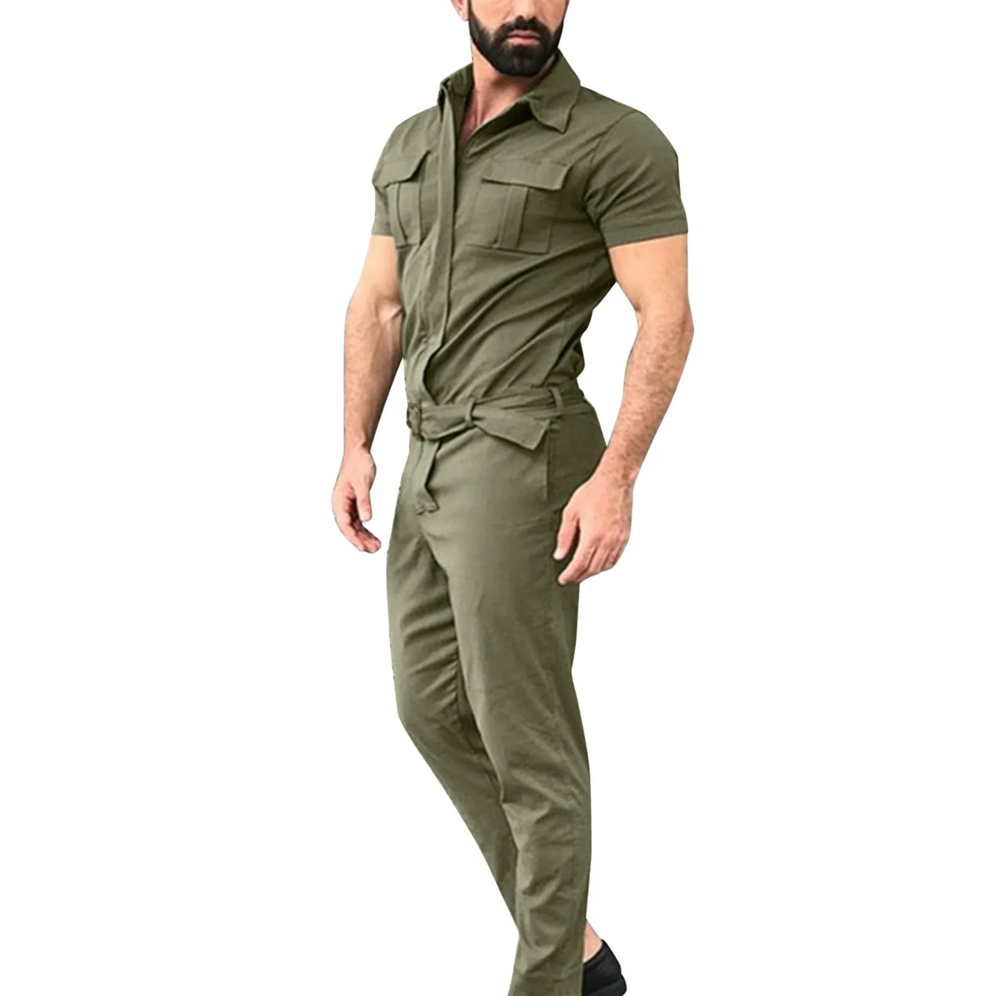 2024 New Men's Fashion Jumpsuit Solid Color Belted Cargo Pants for Leisure Fitting Clothing