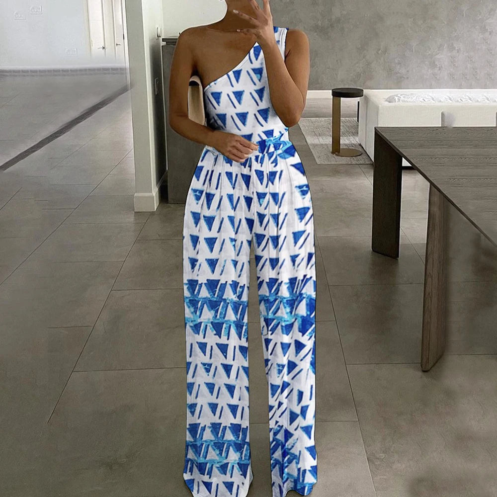 Summer Women Fashion Sexy One Shoulder Club Romper Bodysuit Elegant Wide Leg Jumpsuit Office Lady Casual Ovealls