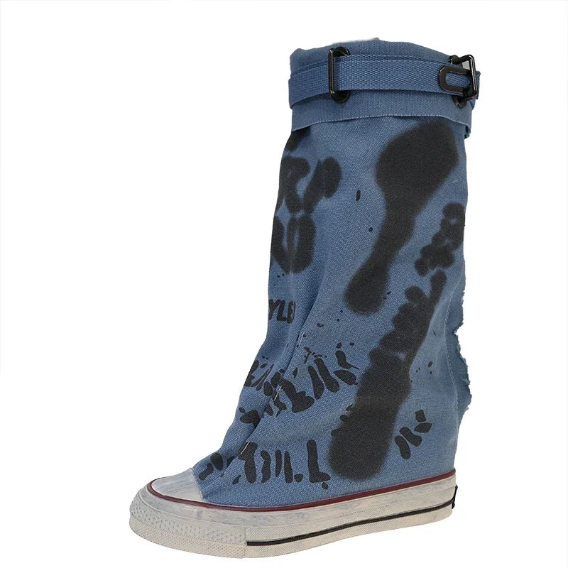 Women's Spring Graffiti High Canvas Boots Round Head Middle Follow Anti-slip Boots Women Leisure Fashion Rubber Sole Botas Mujer