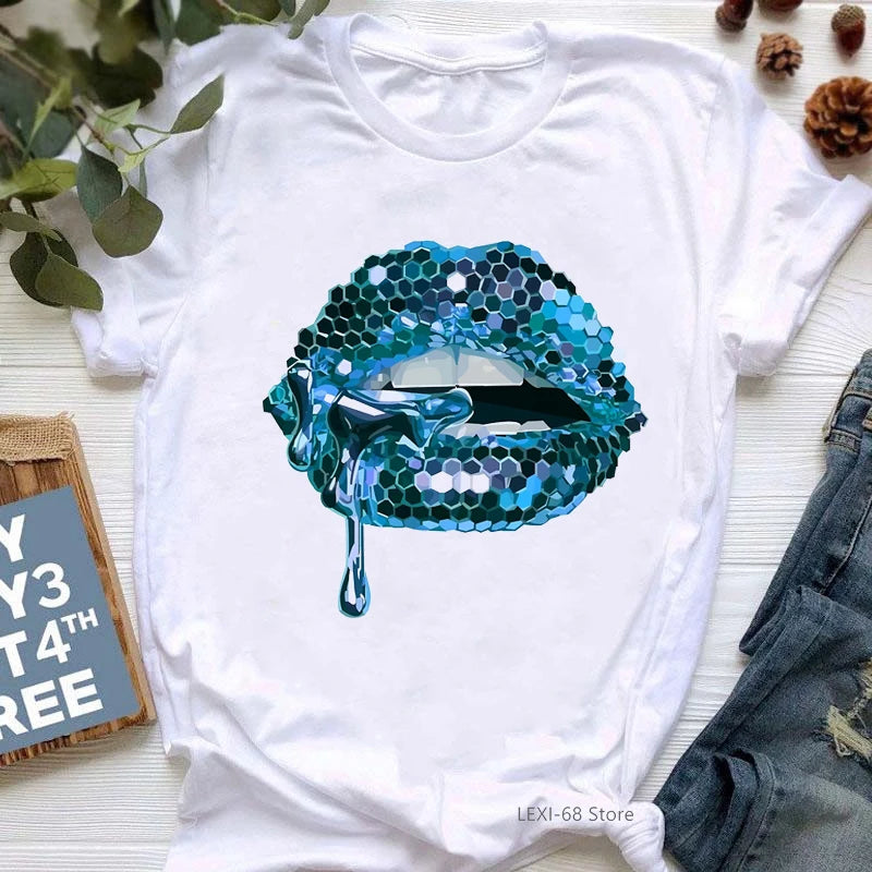 Pink Glitter Lips Graphic Print Tshirt Women'S Clothing Luxurious Makeup T Shirt Haut Femme Aesthetic Clothes T-Shirt