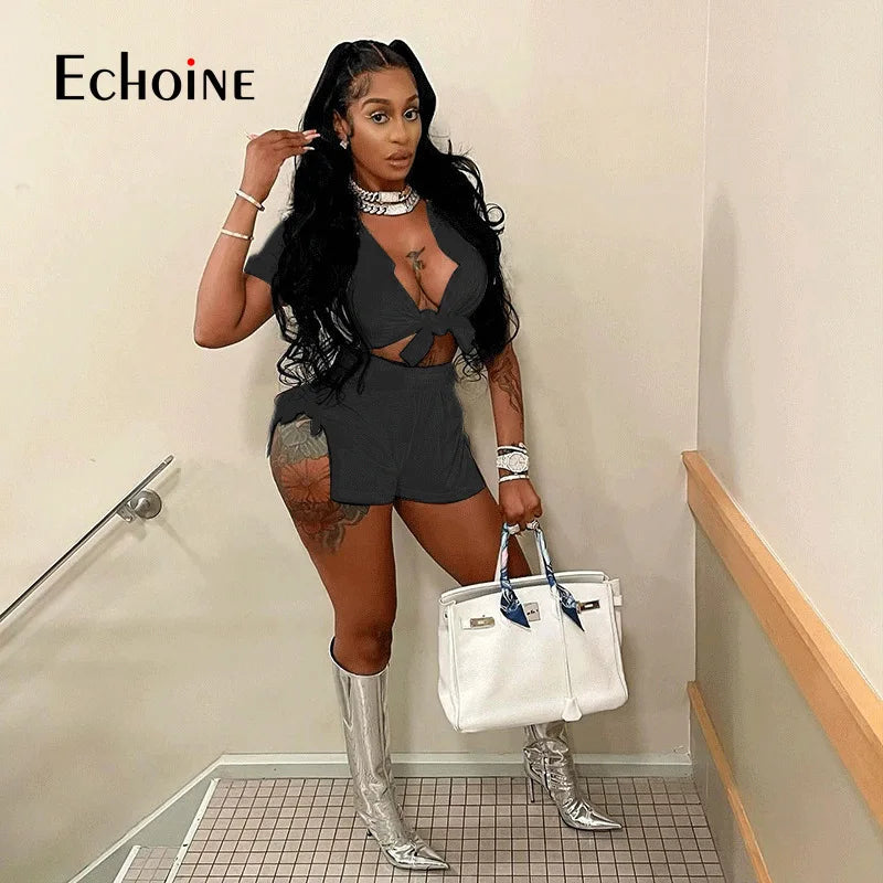 Echoine Women Solid Fashion Two Piece Set ShortSleeve Cardigan Tops and Shorts Suit Casual Sunscreen Party Sportswear Outfits