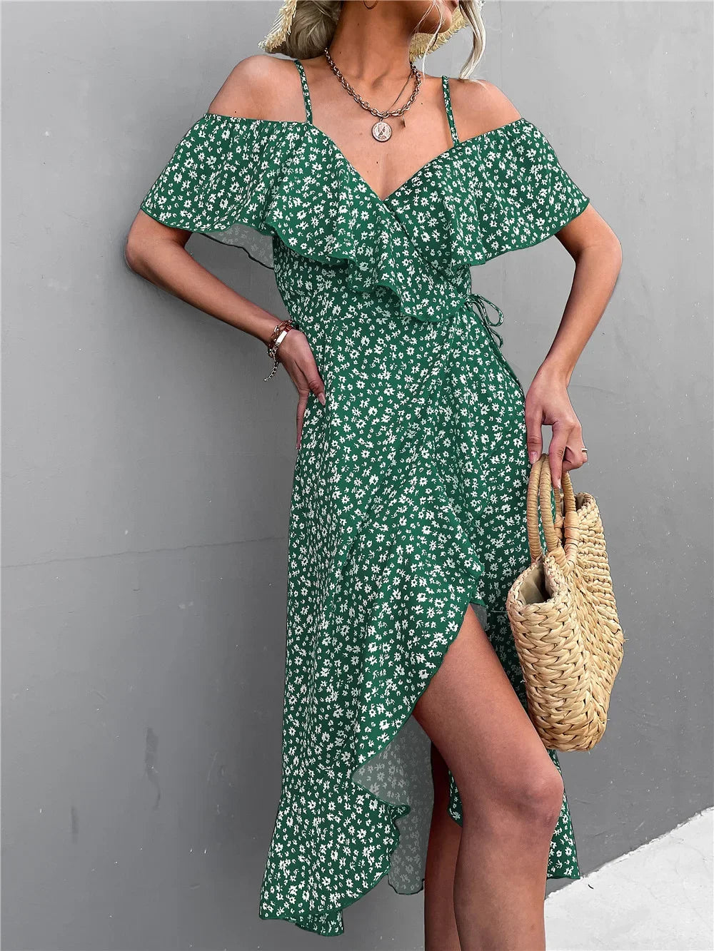 Chic Floral Print Sling Dress Women Summer Dresses NEW Elegant Sexy Strapless Spaghetti Irregular Ruffle Hem Slit Dress