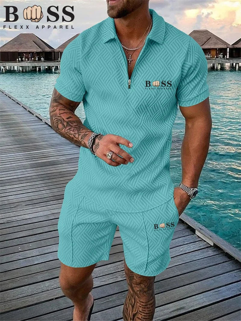 New 2024 Men's Polo Suit Fashion Men Sets Solid Summer V-neck Zipper Short Sleeve POLO Shirt+Shorts Two Pieces Men Casual Suit