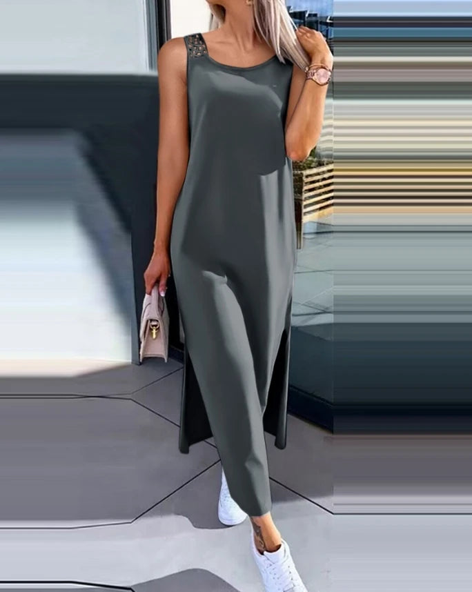 Women's Sleeveless round Neck Mid-Calf Dress Summer 2024 Fashion Slit Hollow-Out Casual Straight Dress for Daily Wear