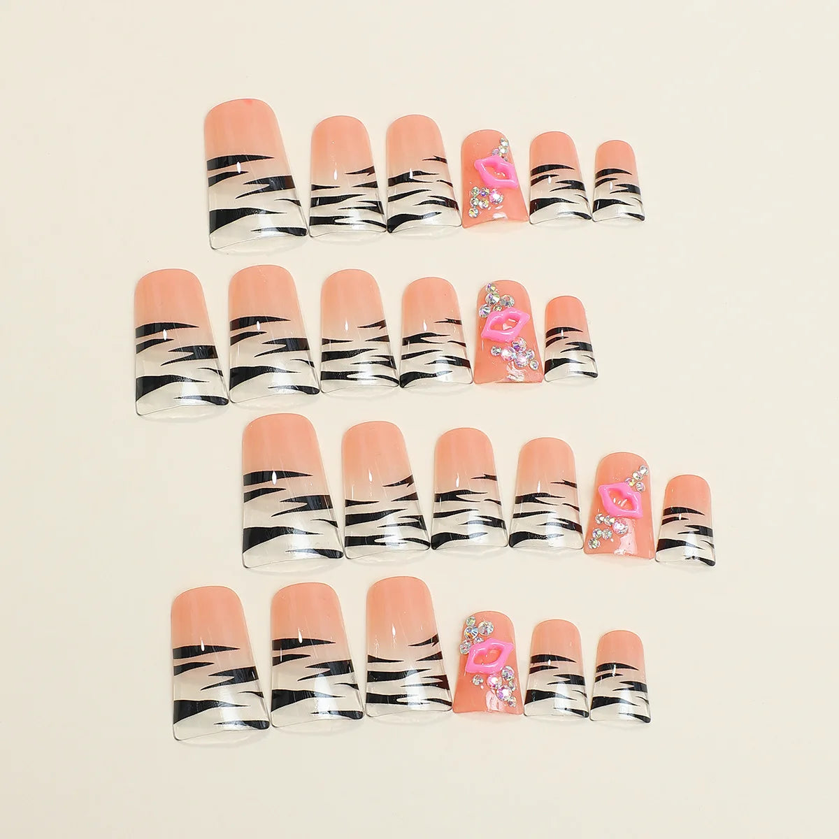 24pcs Leopard print Fake Nails Red Lip Design False Nails European Duckbill Shaped Press On Nails for Girls Women Full Cover
