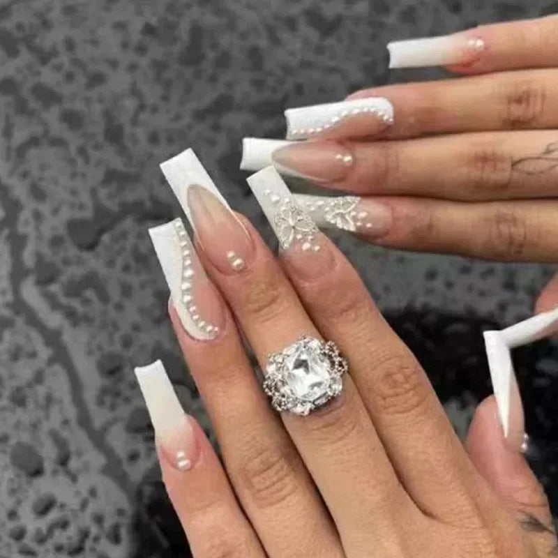24Pcs Shimmery Long Coffin False Nails with Glue Ballerina Nail Design Sweet Fashion French Press on Acrylic Nails Manicure Tips