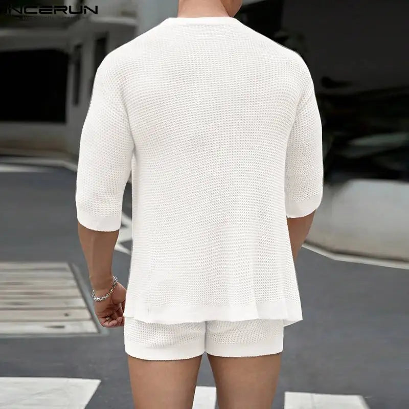 Men Sets Solid Color Streetwear Summer Half Sleeve Cardigan & Drawstring Shorts Two Pieces Sets 2023 Men's Casual Suits INCERUN