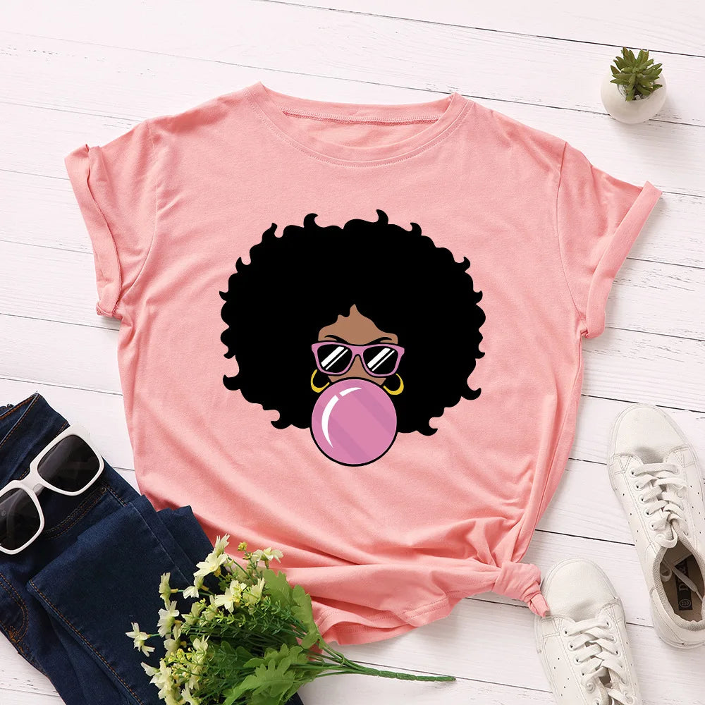 Funny Melanin T Shirt Women Cute Bubble Gum Curly Hair Black Girl Print Tshirt Top Tee Summer Harajuku Ulzzang T-shirt