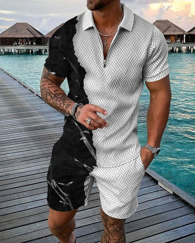 Boho Geometric Style 3D Print Men shirts Set Zipper Lapel Sets Zipper Collar+Shorts 2pcs Man Clothes