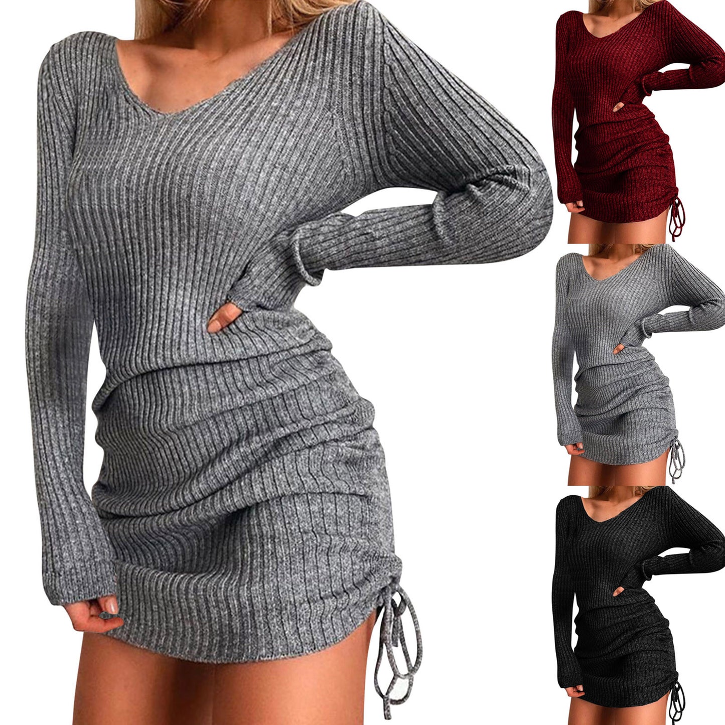 Spring And Winter Women'S V Neck Long Sleeves Slim Thin Hip Dress Warm Sweater Sexy Hip Package Club Street Lady Robe Vestido