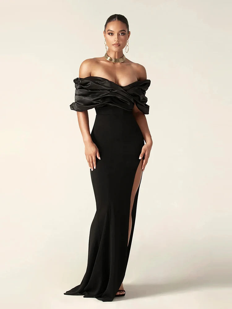 Satin Ruffle Shoulder High Slit Long Dress, Off the Shoulder, Maxi Dress Elegant Evening Gown
