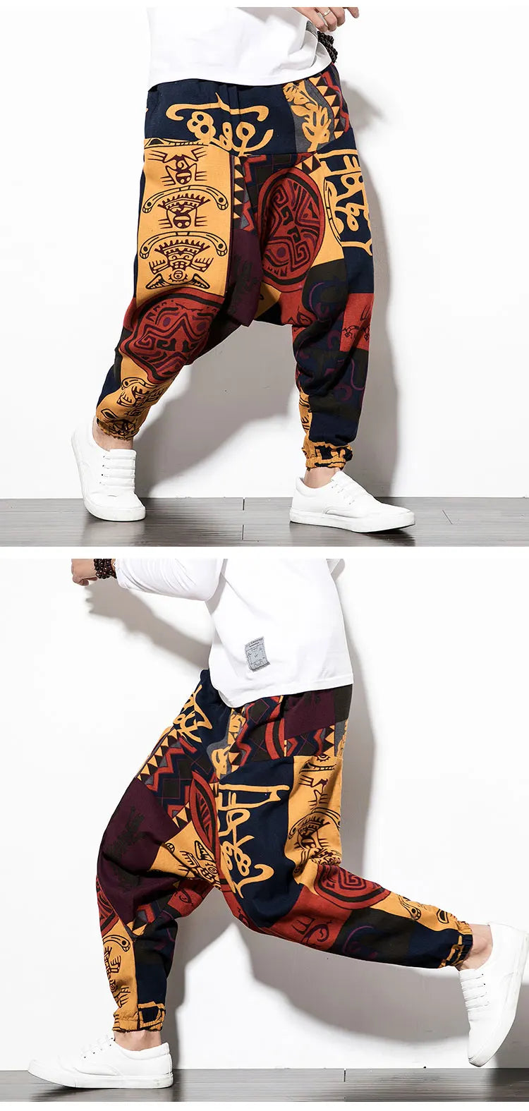 Cotton Linen Harem Pants Men Elastic Waist Streetwear Floral Joggers 2023 New Baggy Drop-crotch Pants Casual Trousers Men