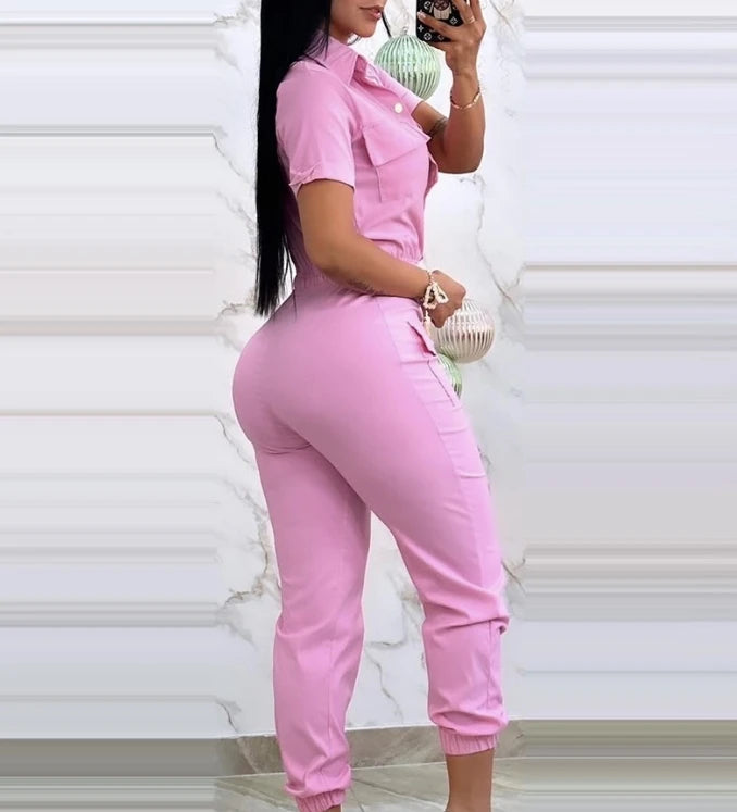 Women's Casual Short Sleeve Pocket Design Cuffed Cargo Jumpsuit 2024 Summer New Female Clothes Fashion Drawstring Jumpsuits
