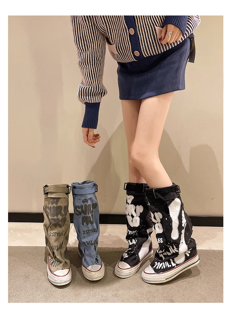 Women's Spring Graffiti High Canvas Boots Round Head Middle Follow Anti-slip Boots Women Leisure Fashion Rubber Sole Botas Mujer