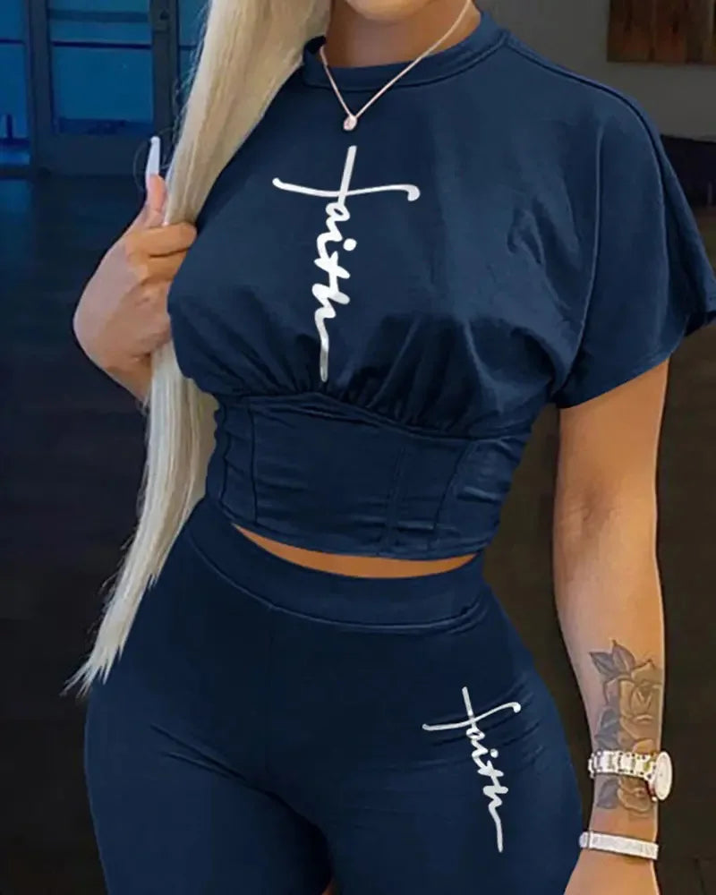 Women's Summer Casual O-Neck Short Sleeve T-shirt Shorts Set Letter Print Slim Fit Office Outfit Polyester Blend Short Set