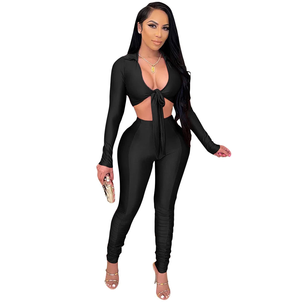 Women's Fashion Casual Slim Fit Two-Piece Set Open Shirt Butterfly Knot Long Sleeve Top with Long Pants Eye-Catching Streetwear