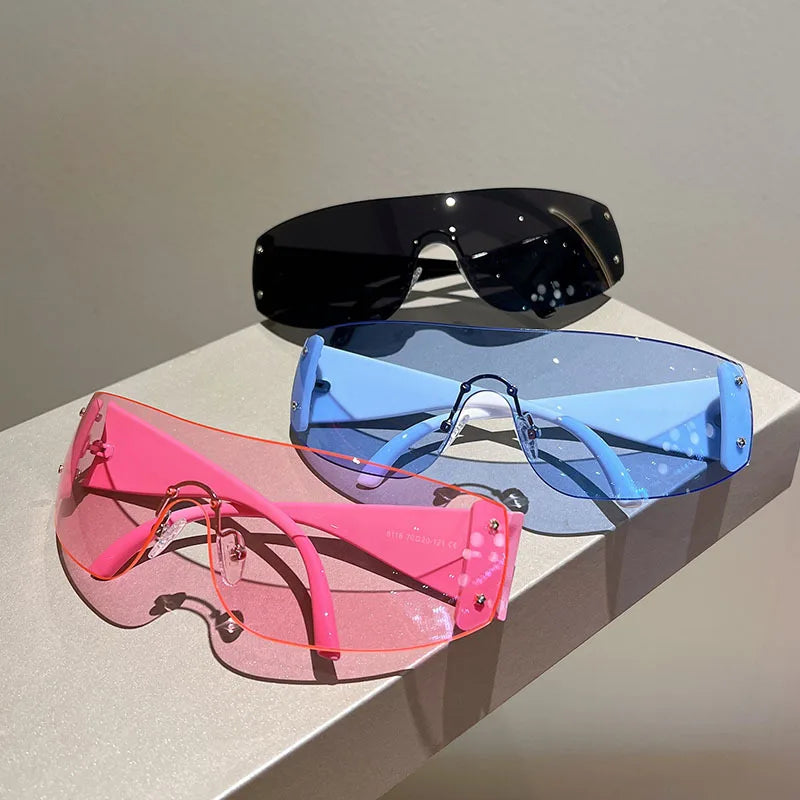 Y2K Rimless Brand Designer Sunglasses Women or Men One Piece Trending Luxury Sun Glasses Rivet Steampunk Pink Shades UV400