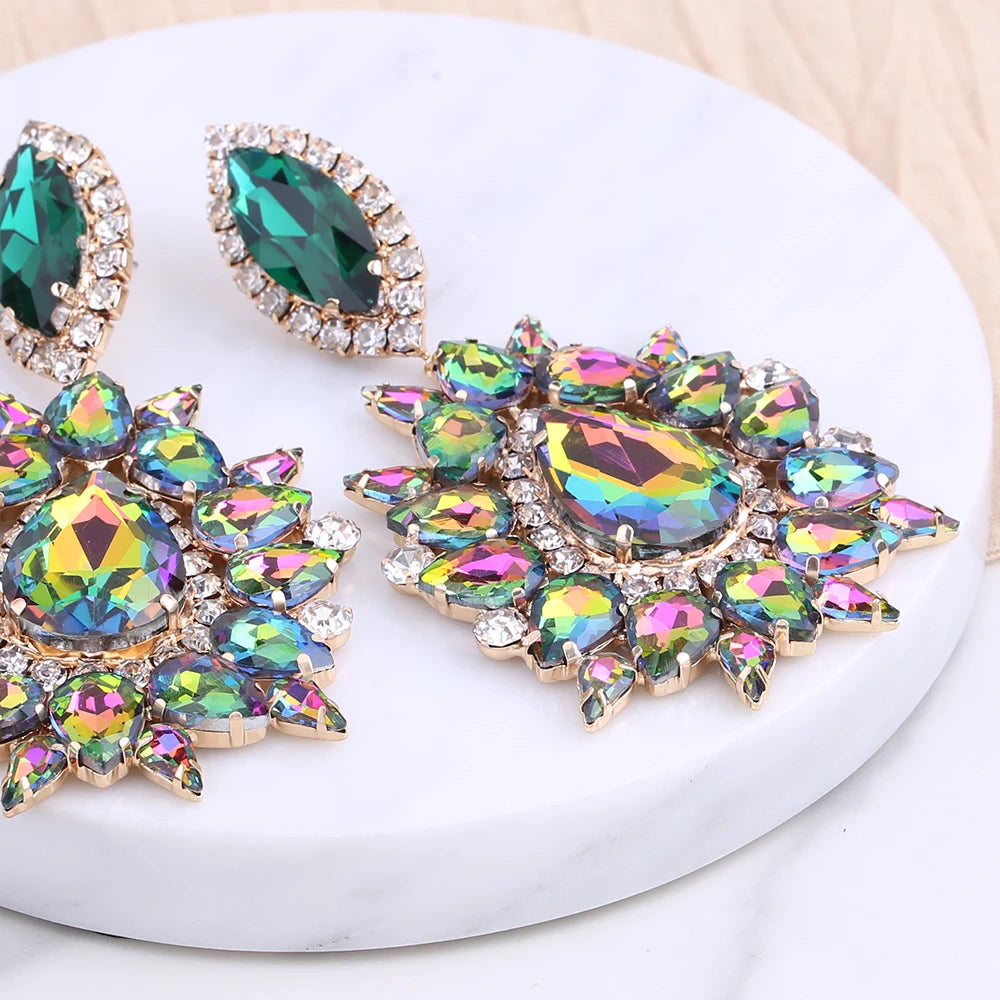 Big Earrings Elegant Purple Crystal Clip on Women Earring Pink Water Drop Huge Fashion Jewelry for Beauty pageant Drag queen