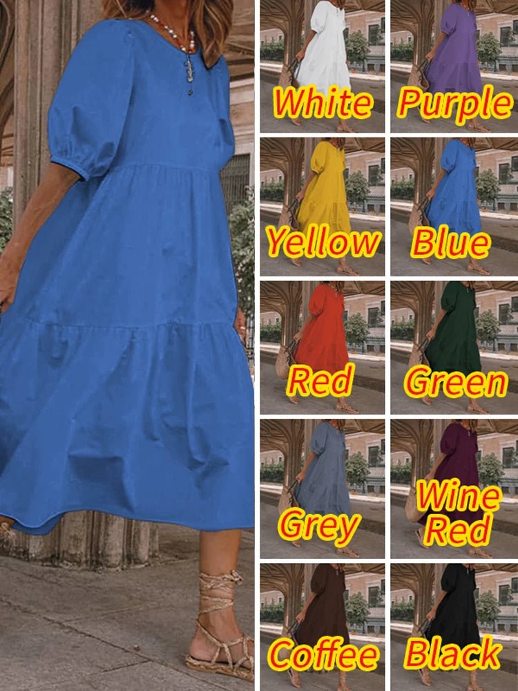 Summer Dress Vintage Lantern Sleeve Mid-Calf Dress Beach Bohemian Women Summer Sundress 2024 VONDA
