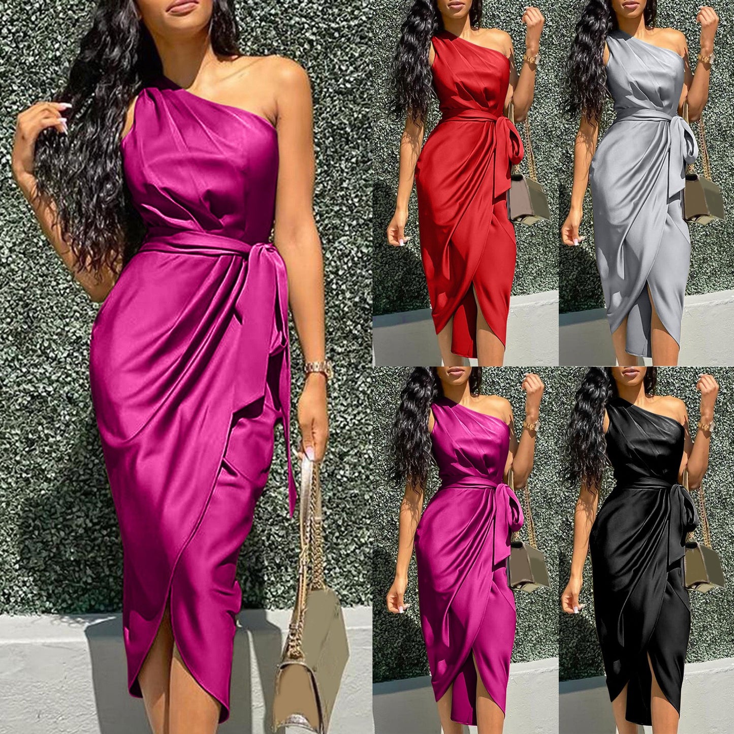 Women Prom Cocktail Dresses Sexy Solid One Shoulder Ruched Slit Belted Waist Dress Sleeveless Formal Occasion Dresses 원피스