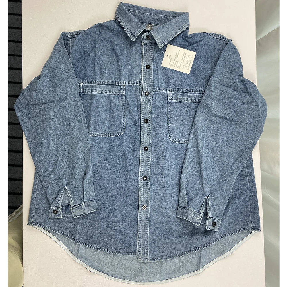 Oversize 85kg Loose Basic Jean Shirts Women Polo Collar Classical Denim Blouses 2024 Spring Fall Pocket Wash Blue Casual Blusas