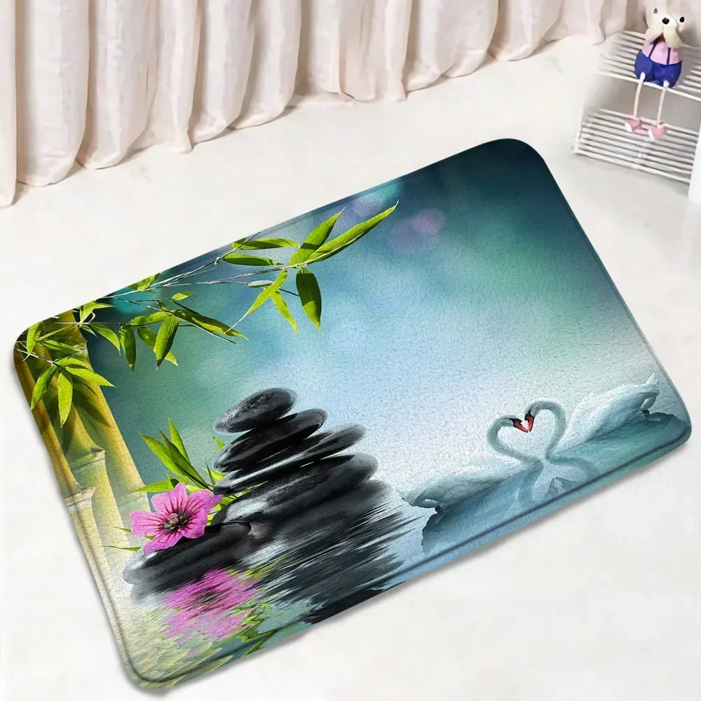 Zen Bath Mat Set Pink Lotus Orchid Grey Stone Green Bamboo Home Carpet White Bathroom Decor Flannel Floor Rugs Toilet Lid Cover